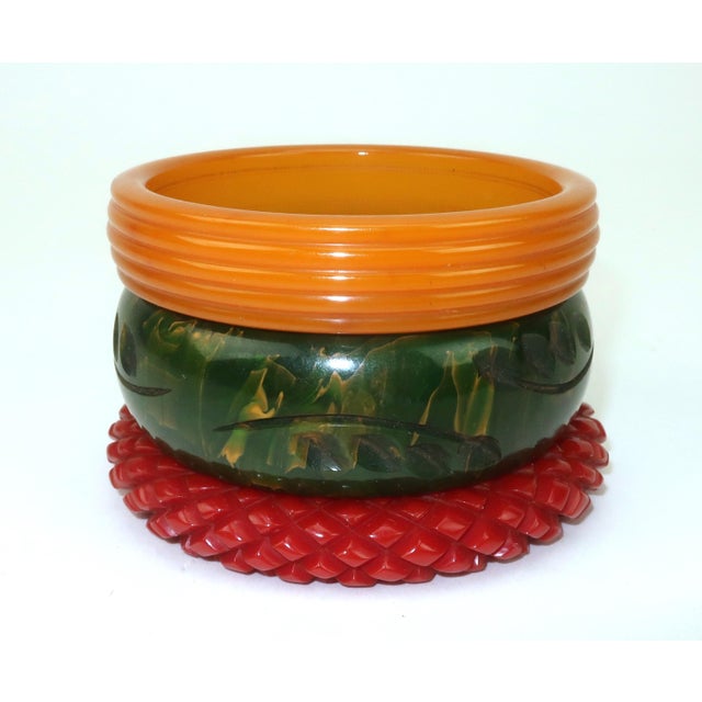 Bakelite Style 1940's Carved Bangle Bracelets, Set of 3 For Sale - Image 9 of 11