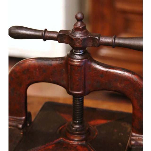 French 19th Century French Rust Red Painted Wrought Iron Book Binding Press With Book For Sale - Image 3 of 11