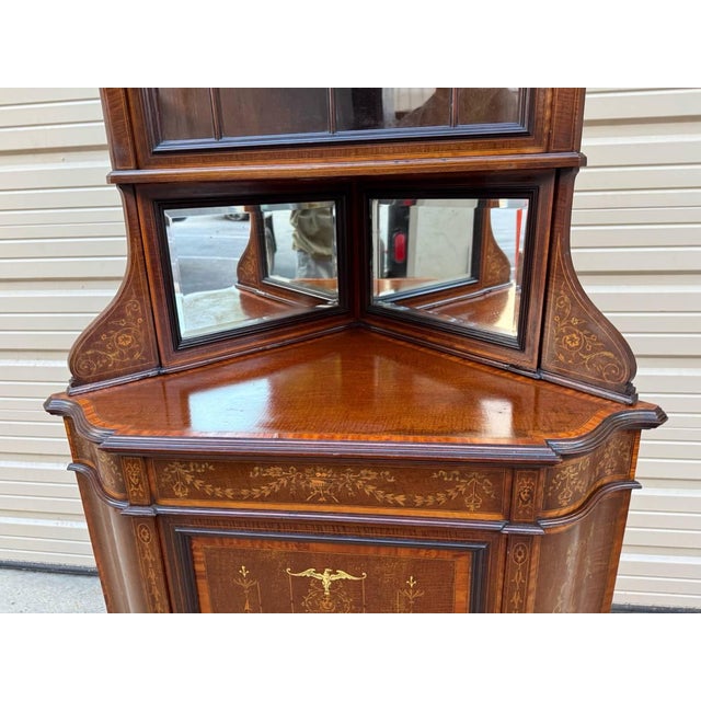Antique English Edwardian Style Maquestry Inlaid Corner Display Cabinet of Serpentine Form. Circa Early 20th Century For Sale - Image 9 of 12