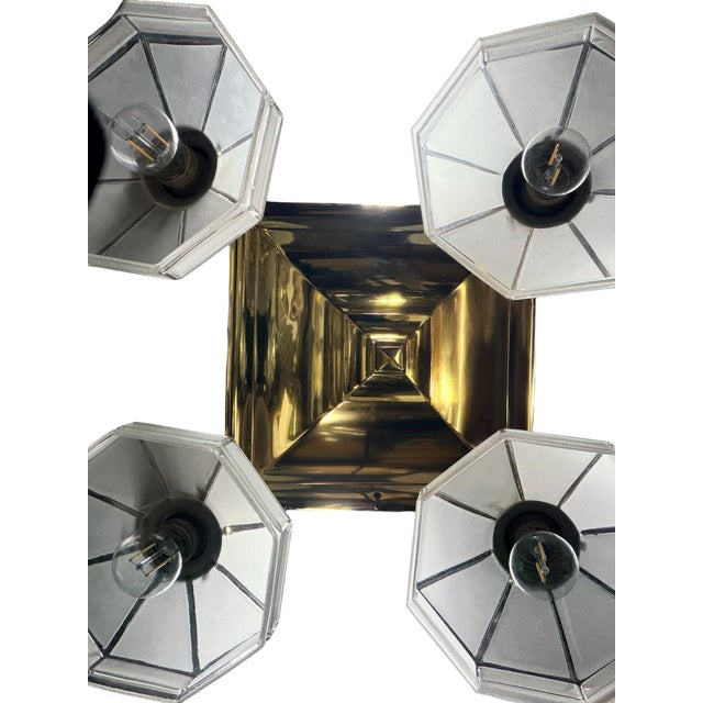 1910s Semi Flush Arts and Crafts Light Fixture in Polished and Lacquered Brass With Four Vintage Frosted Octagonal Clear Glass Shades #2663 For Sale - Image 5 of 5