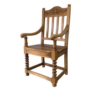 Vintage Scrubbed Pine English Revival Rustic Carver Chair For Sale