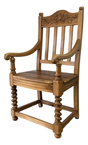 Vintage Scrubbed Pine English Revival Rustic Carver Chair