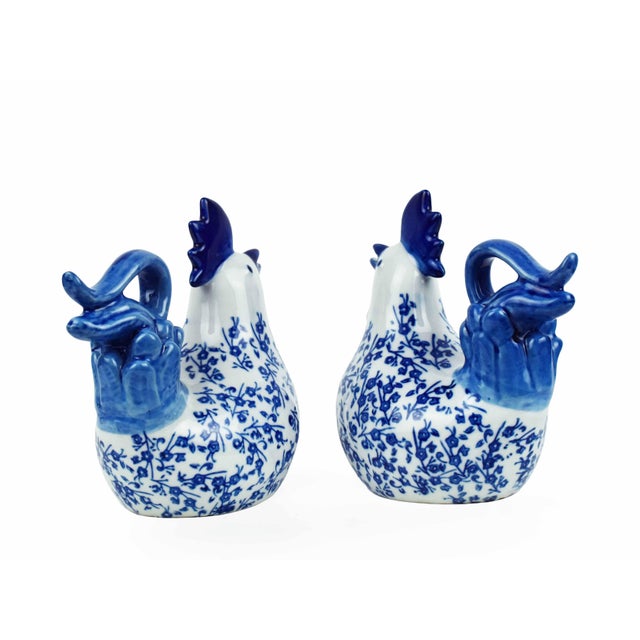 Vintage Chinoiserie Style Blue and White Porcelain Rooster Figurines With Floral Motif - 2 Pieces For Sale - Image 6 of 7