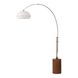 1980s Morelli Nova of California Brass Floor Lamp, 92-Inch Mid Century Modern, Dark Walnut, White Lucite Shade For Sale