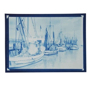 Vintage Eric Weller Blue Fishing Boats Marina Cyanotype Photograph For Sale