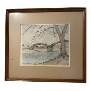 1940s Seiler, Willy. Original Hand-Colored Etching Kintai (Kintaikyo) Bridge at Iwakuni, Framed For Sale