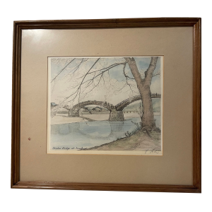 1940s Seiler, Willy. Original Hand-Colored Etching Kintai (Kintaikyo) Bridge at Iwakuni, Framed