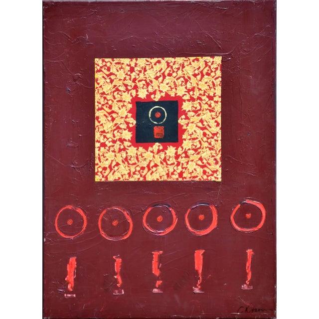 Christine Donovan Red Circle and Line Abstract Oil on Canvas 2000 For Sale - Image 4 of 4