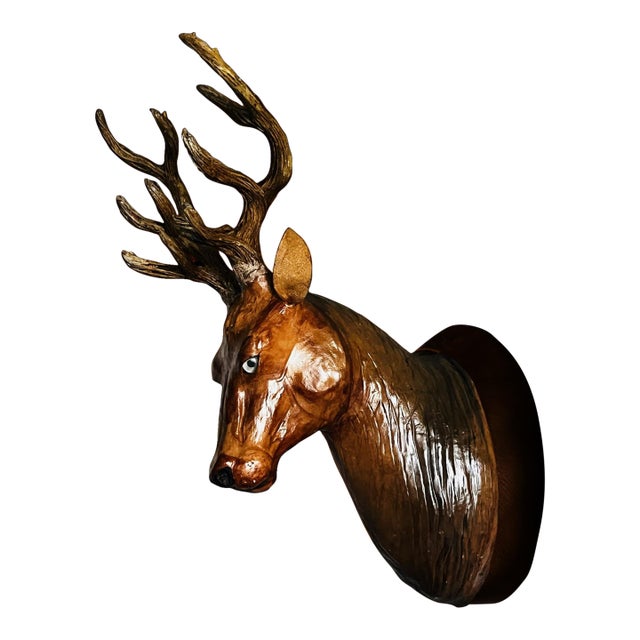 1960s Hanging Stag Head Leather Deer Head Wall Mounted Sculpture Wall Decor For Sale