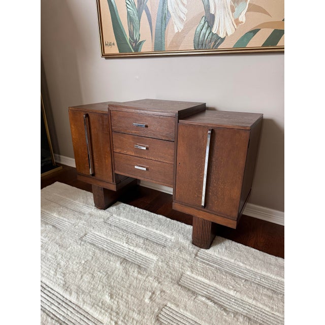 Antique Art Deco Oak Credenza Sideboard / Stepped Buffet Cabinet For Sale - Image 4 of 17
