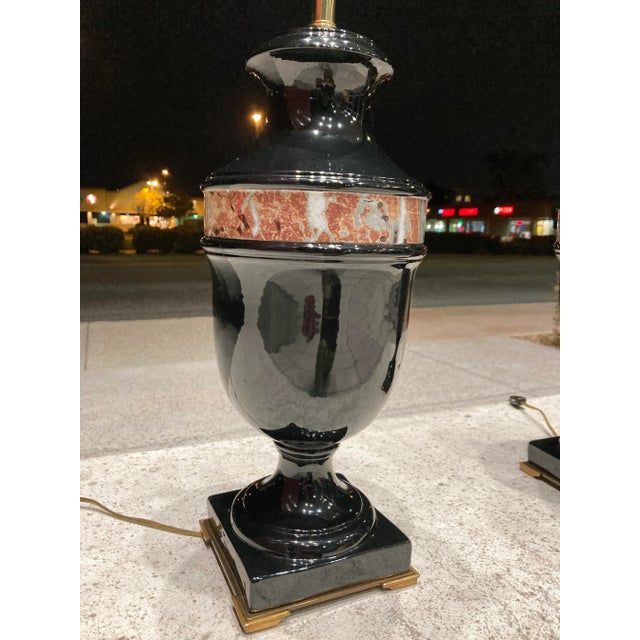 Metal Pair of Black Glazed Porcelain & Bronze Urn Table Lamps From Marbro For Sale - Image 7 of 13