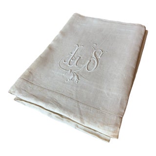 Antique French Linen Sheet Ls Monogram Thick Oat Linen Trousseau Sheet Rustic Flax Bed Linen Circa 1920 For Sale