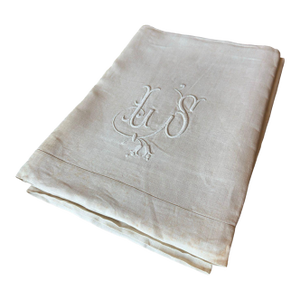 Antique French Linen Sheet Ls Monogram Thick Oat Linen Trousseau Sheet Rustic Flax Bed Linen Circa 1920