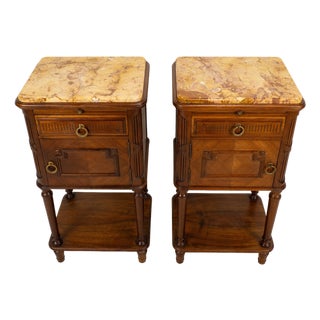 Antique French Louis XVI Style Marble Top Ceramic Lined Nightstands - A Pair For Sale