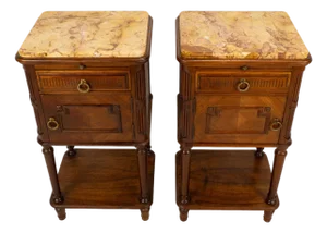 Antique French Louis XVI Style Marble Top Ceramic Lined Nightstands - A Pair