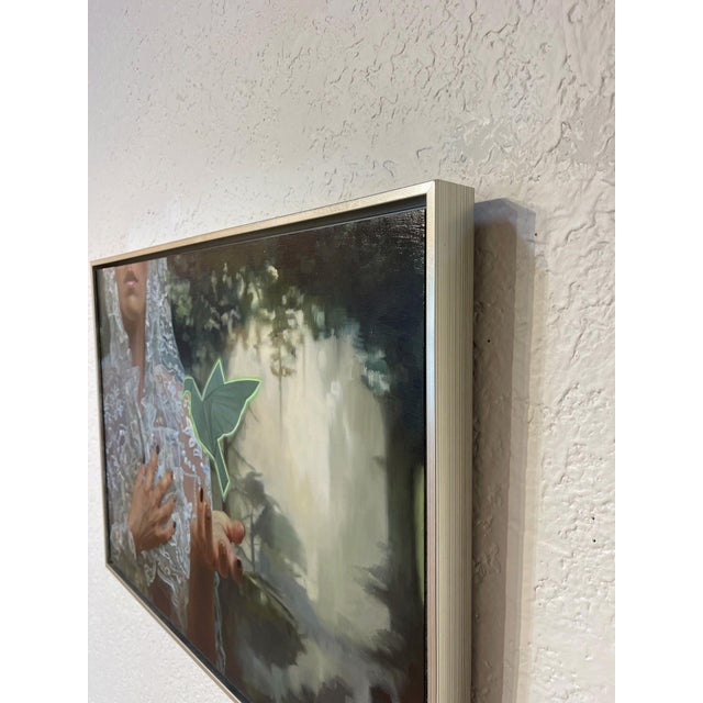 Contemporary Inner Peace by Shana Levenson | Oil on aluminum panel Woman in lace holding a green bird. For Sale - Image 3 of 3