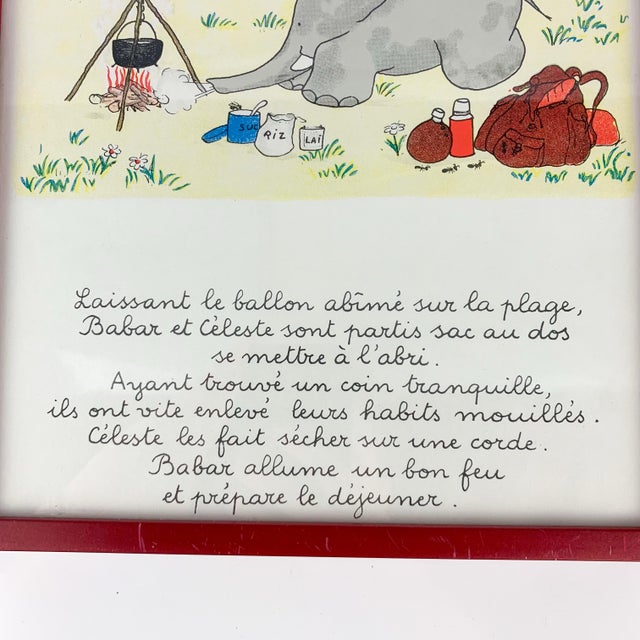 Fabulous vintage Babar and Celeste by Jean de Brunhoff lithograph. Writing in French. “Laissant le ballon abîmé sur la...