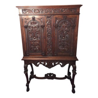 Antique Italian Renaissance Revival Walnut Marble Hutch China Liquor Cabinet Bar For Sale