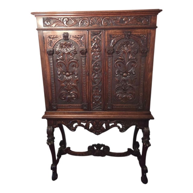Antique Italian Renaissance Revival Walnut Marble Hutch China Liquor Cabinet Bar For Sale
