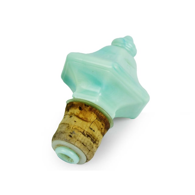 Glass Mid 20th Century Jadeite Green Slag Glass Decanter With Pagoda Stopper and Embossed Floral Design For Sale - Image 7 of 8