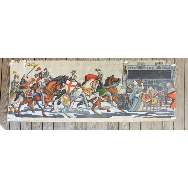 Vintage Mid Century Knights & Horses Procession Mural Painting For Sale In Seattle - Image 6 of 7