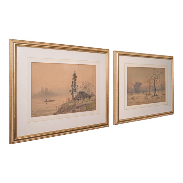 Pair of Vintage Landscape Paintings, Oriental, Watercolour, Art, Mid Century For Sale