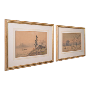 Pair of Vintage Landscape Paintings, Oriental, Watercolour, Art, Mid Century