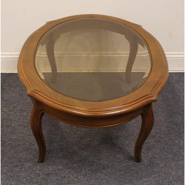 Late 20th Century Ethan Allen Chateau Normandy Solid Knotty Pine 48" Oval Coffee Table W. Beveled Amber Glass Top 17-8010 For Sale - Image 5 of 9