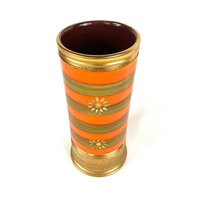Classic vintage Bitossi ceramic vase with sunburst design. Gorgeous gold and orange glazing. Hand crafted in Italy and...