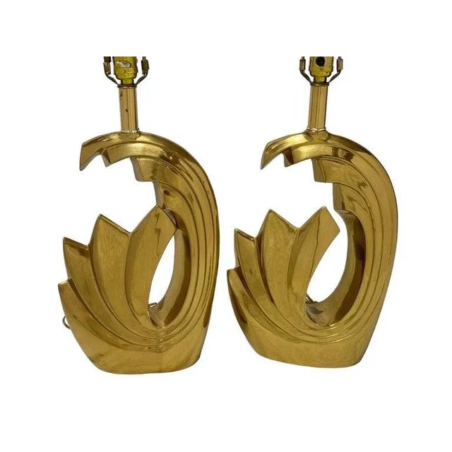 Pair of Pierre Cardin Polished Brass Tidal Wave Table Lamps. Heavy designer quality. Timeless abstract modern design of...