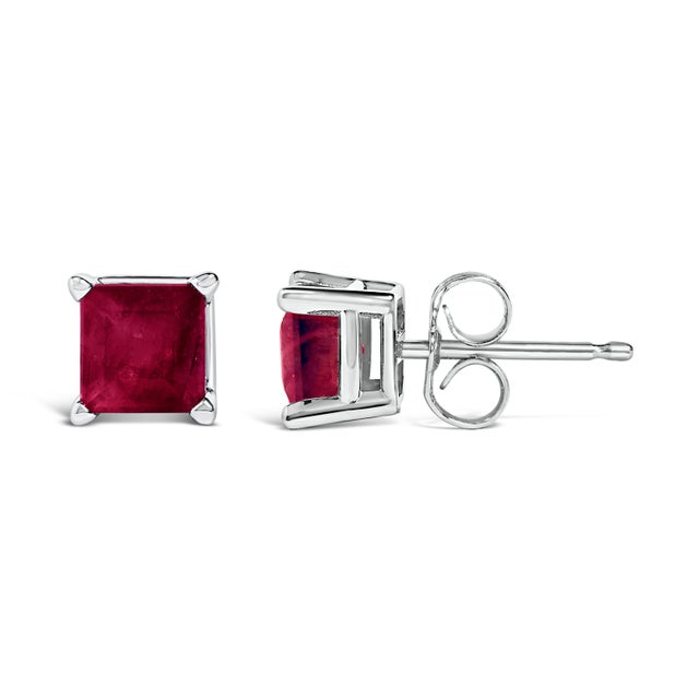 Contemporary 14K White Gold 5x5MM Princess Cut Red Ruby Solitaire Stud Earrings For Sale - Image 3 of 5