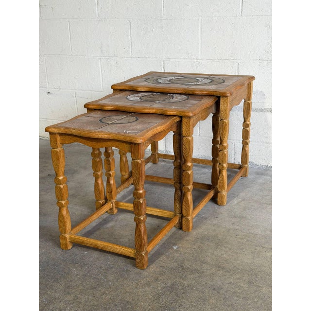 1970s Danish Oak Ceramic Tile Top Nesting Side Tables Mid-Century Modern 1970s For Sale - Image 5 of 8