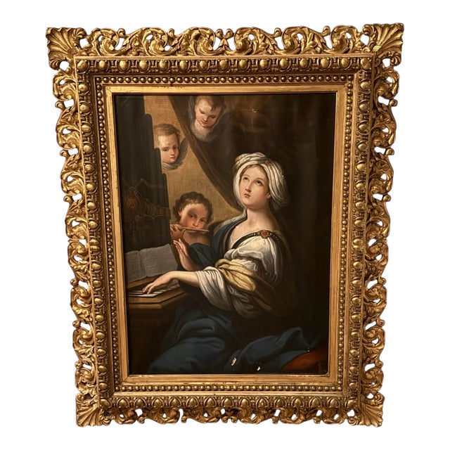 Antique Gilt Framed Old Masters Oil Painting on Canvas Saint Cecilia For Sale