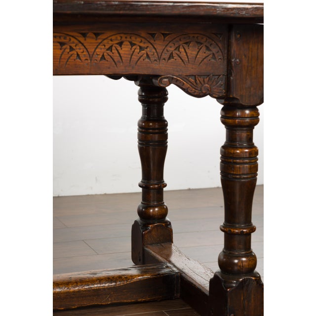 English 19th Century English Oak Table with Carved Apron and Turned Legs For Sale - Image 3 of 12