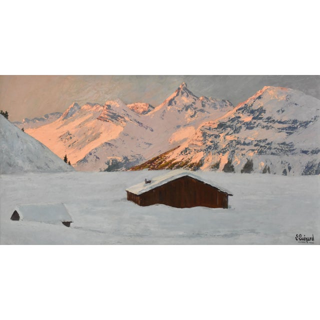 Lucien Quenard, Mountain Landscape with Snow-Covered Alps, Oil on Panel, Early 20th Century, Framed For Sale - Image 3 of 11