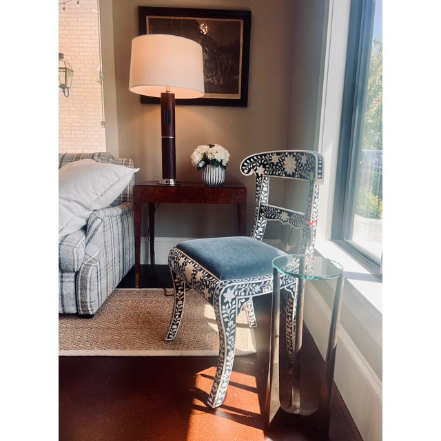 Anglo-Indian Style Ebonized Side Chairs with Floral Themed Bone Inlay. Upholstered in a Teal Mohair.. Each floral-themed...