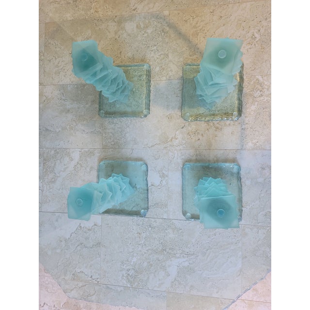 Late 20th Century Late 20th Century Modern Frosted Teal Glass Table Stacked Sculptured Legs Octagonal For Sale - Image 5 of 13