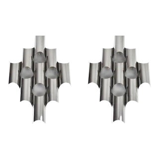 Pair of Sculptural Chrome Tubular Wall Sconces by Reggiani, Italy, 1970s For Sale