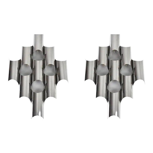 Pair of Sculptural Chrome Tubular Wall Sconces by Reggiani, Italy, 1970s For Sale