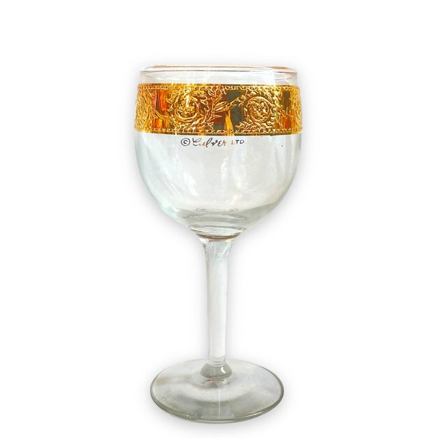 Hollywood Regency Morphew Abode 1960s Culvar 22k Gold Hollywood Regency Wine Glasses & Decanter 7 Piece Set With Carrier For Sale - Image 3 of 11