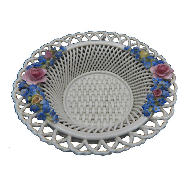 Antique Von Schierholz German Porcelain Floral Woven Serving Trinket Basket For Sale