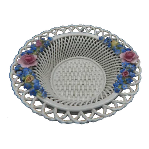Antique Von Schierholz German Porcelain Floral Woven Serving Trinket Basket