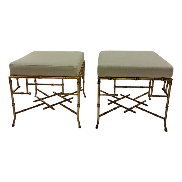 Small Metal Stools with Golden Bamboo Finish, 1970s, Set of 2 For Sale