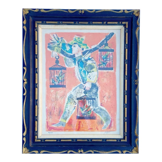 Man Holding Birds, Framed and Signed Lithograph 74/120 by Laiquot For Sale