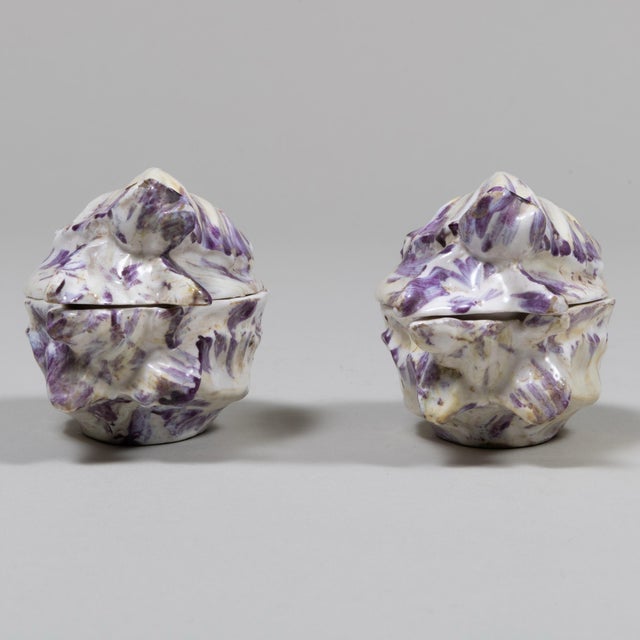 Pair antique 18th century German porcelain small tureens or trinket boxes in the form of parrot tulips. Measure 3" x 4" x...