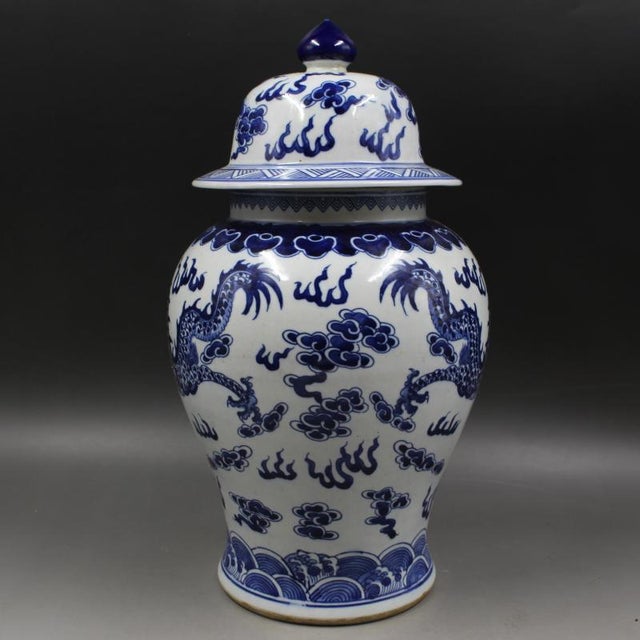 Chinese Antique Chinese Ceramic Pot Qing Dynasty Kangxi Marked Blue and White Porcelain Ginger Jar Hand Painted Double Dragon Playing With Pearl Pattern For Sale - Image 3 of 9