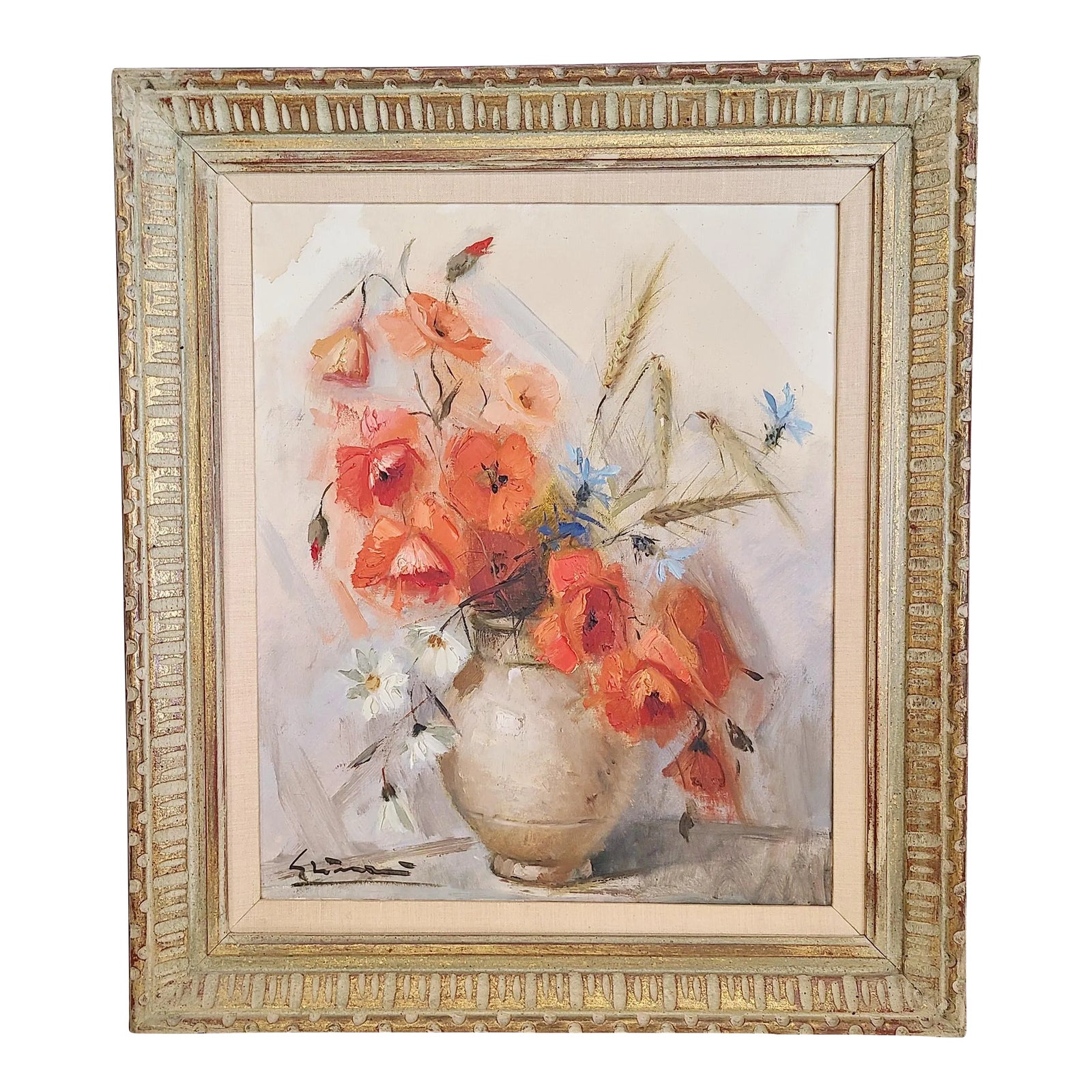 Vintage 20th C Framed Oil on Canvas Flowers in Vase Still Life Painting ...