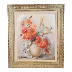 Vintage 20th C Framed Oil on Canvas Flowers in Vase Still Life Painting Signed