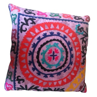Lavender Embroidered Suzani Pillow For Sale