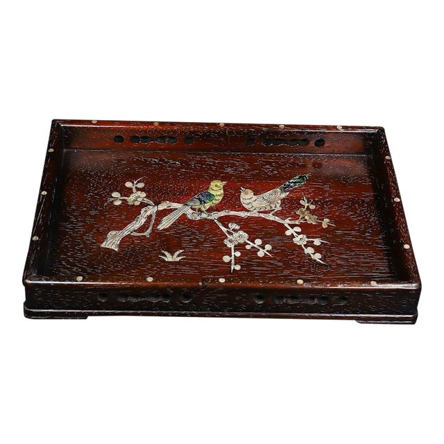 Wooden Tea Tray With Mother-of-Pearl Bird and Blossom Inlay For Sale